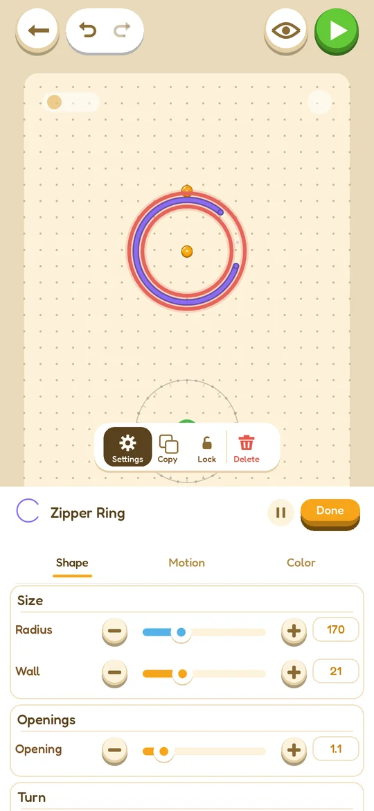 A piece selected in the builder, its settings open